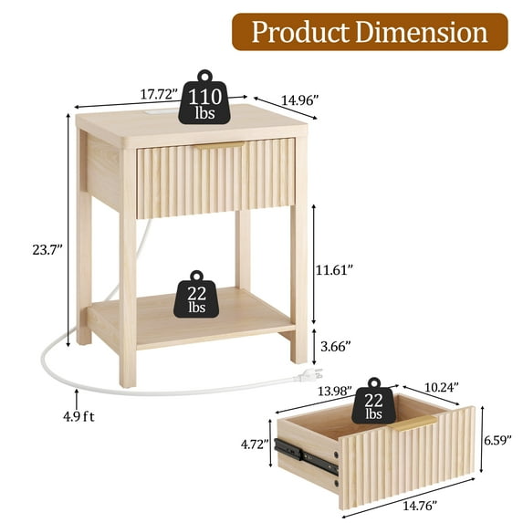 Aufeile Fluted Nightstand with Charging Station, Modern Bedside Table with Drawer & Open Shelf, End Table with 2 AC Outlets, USB & Type-C Ports for Bedroom or Living Room, Natural