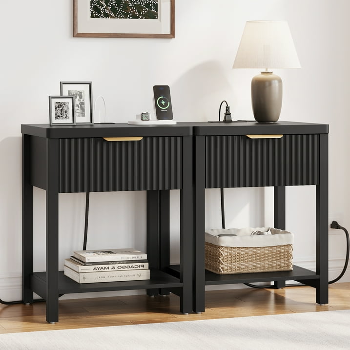 Aufeile 4 Piece Boho Dresser Set for Bedroom, 6 Drawer Dresser, 5 Drawer Tall Dresser & 2 Nightstands with & USB Charging, Fluted Wood Bedroom Furniture Set, Black