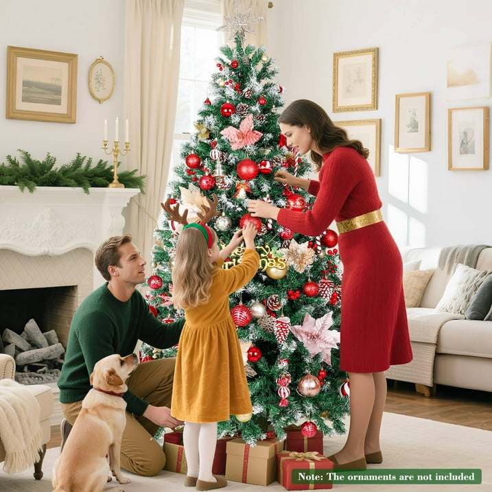 Aufelie 6ft Pre-lit Artificial Christmas Tree w/800 Tips, Holiday Decoration with 250 Warm White Lights, 54 Pines & 54 Red Berries, Hinged Xmas Tree for Home, Office, Party