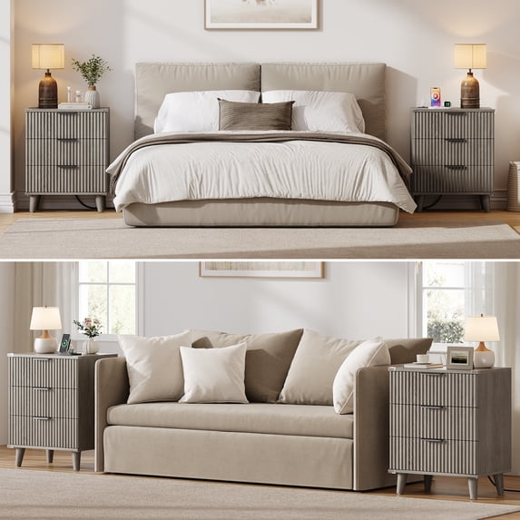 Aufeile Nightstand Set of 2 for Bedroom, Modern Fluted Nightstands with Charging Station, 3 Drawer Wood Bedside Table & End Tables for Bedroom, Living Room, Dark Gray