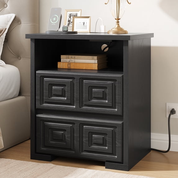 Aufeile Farmhouse 2-Drawer Nightstand, Rustic Sofa Side Table with USB & AC Outlets for Bedroom, End Tables for Living Room, Black
