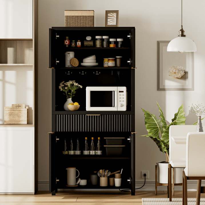 Aufeile Fluted Kitchen Pantry Storage Cabinet, 71" Tall Wood Pantry Hutch with 2 Adjustable Shelves & Drawer & Charging Station for Dining Room Hallway Living Room, Black