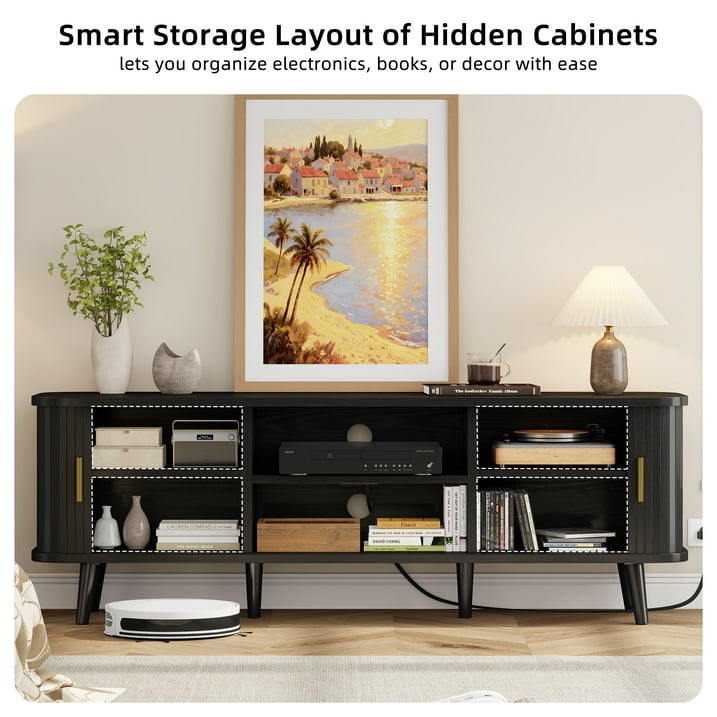 Aufeile TV Stand for 65 Inch TV, 59" Modern TV Stand with Power Outlet, Entertainment Center for Living Room, Fluted TV Console & Mueble Para TV with 2 Sliding Tambour Doors, Black