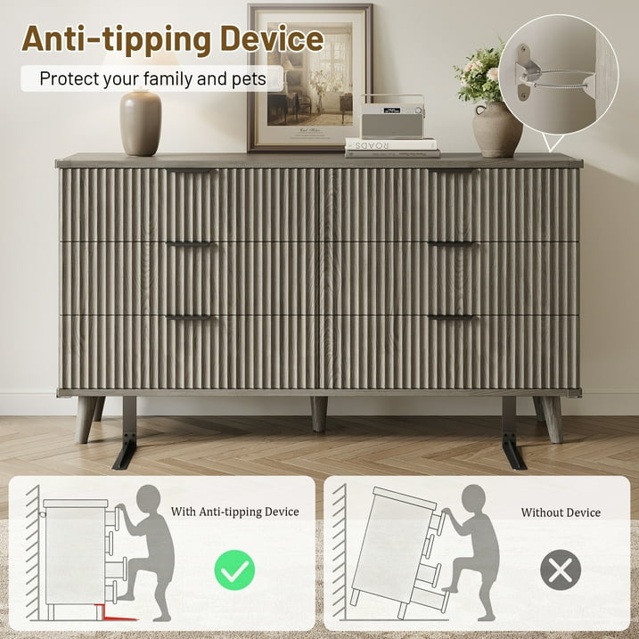 Aufeile 4 Piece Boho Dresser Set for Bedroom, 6 Drawer Dresser, 5 Drawer Tall Dresser & 2 Nightstands with 3 Drawers & USB Charging, Fluted Wood Bedroom Furniture Set, Dark Grey Oak