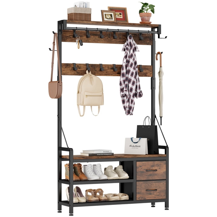 Aufeile 6-in-1 Hall Tree with Bench, Wide Entryway Bench with Shoe Storage, 24 Hooks, 2 Drawers, Hanging Rod & Shelf, Heavy Duty Coat Rack for Hallway, Living Room, Rustic Brown