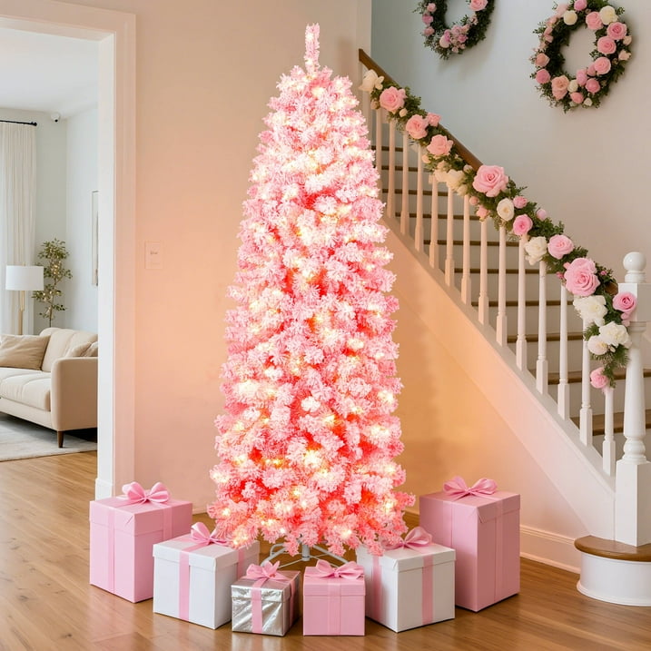 Aufelie 6FT Snow Flocked Pencil Christmas Tree, Artificial Pink Christmas Tree with 502 Hinged Branch Pre-lit Christmas Tree with 200 Warm White LED Lights, Xmas Tree with Metal Stand