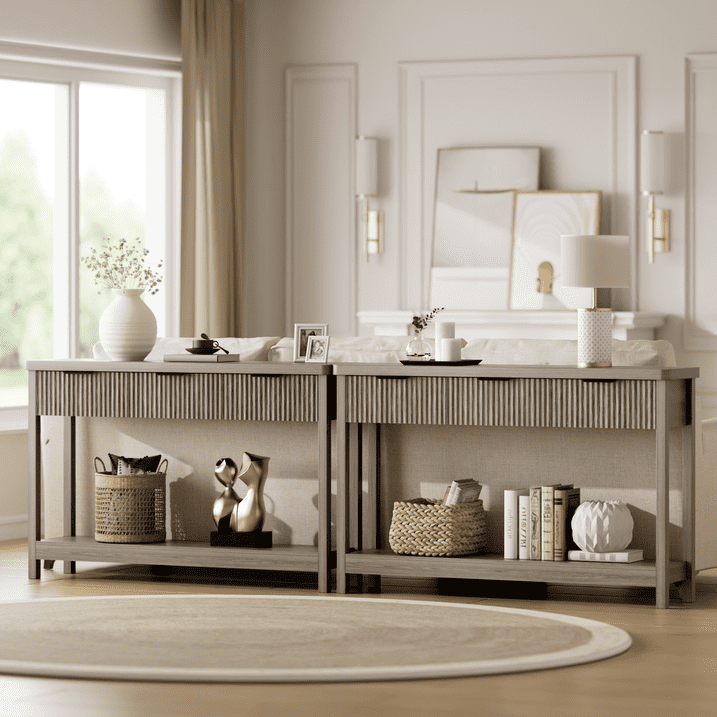 Aufeile 51" Console Table for Entryway, Fluted Entryway Table with 3 Storage Drawers and Open Shelf, Narrow Couch Sofa Table for Living Room Hallway Entrance Foyer, Gray Oak