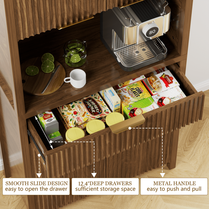 Aufeile 71" Tall Pantry Storage Cabinet with Drawer and Charging Station, Fluted Pantry Cabinet with Adjustable Shelves for Kitchen Dining Room Living Room, Black