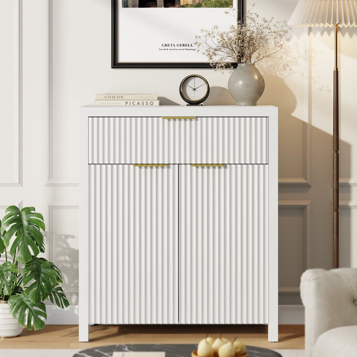 Aufeile Fluted Sideboard and Buffet, Accent Storage Cabinet with Adjustable Shelf for Dining room, Kitchen, Living room, White