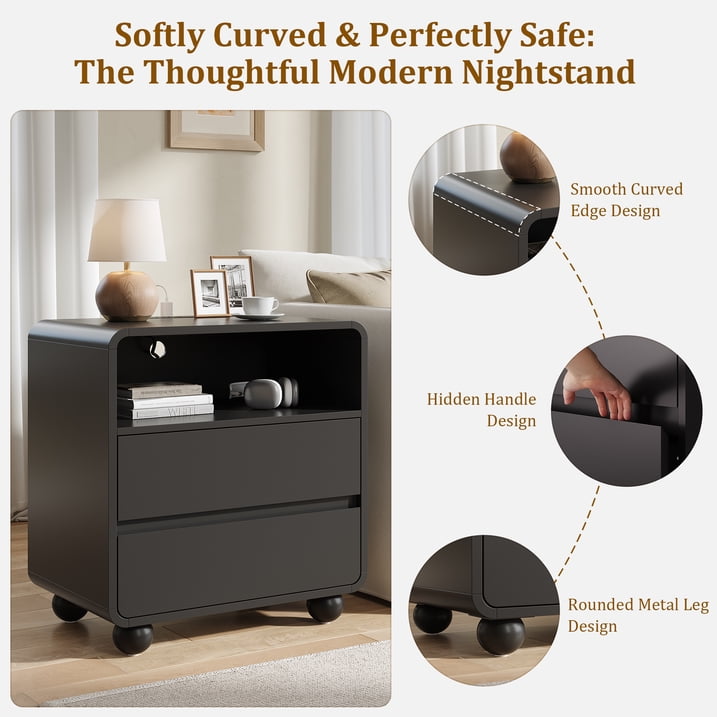 Aufeile Curved Wood End Table with Charging Station, 23.6" Large Side Table with 2 Drawers & Storage Shelf, Modern Accent End Table for Living Room or Bedroom, Black