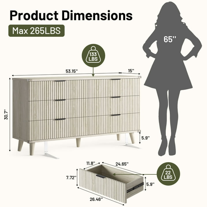 Aufeile 4 Piece Boho Dresser Set for Bedroom, 6 Drawer Dresser, 5 Drawer Tall Dresser & 2 Nightstands with 3 Drawers & USB Charging, Fluted Wood Bedroom Furniture Set, White Oak
