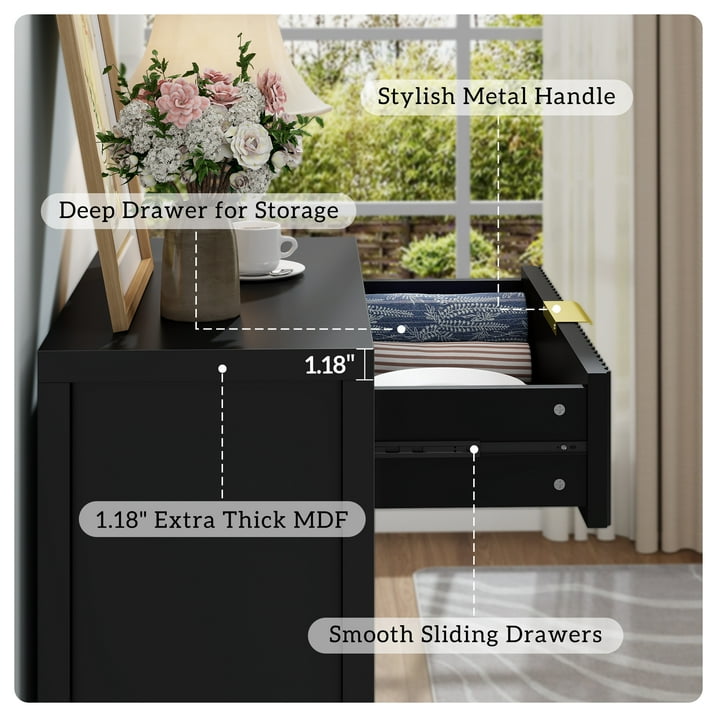 Aufeile Buffet Sideboard Cabinet with Drawer & Adjustable Shelf, Fluted Buffet Table with Storage, Modern Home Accent Furniture for Kitchen, Dining Living Room, Entryway, Black