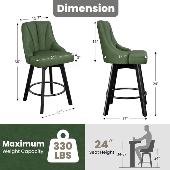 Aufeile Modern Swivel Bar Stools, 24" Counter Height Kitchen Island Chairs with Back, PU Leather Upholstered Barstools, Green Set of 4