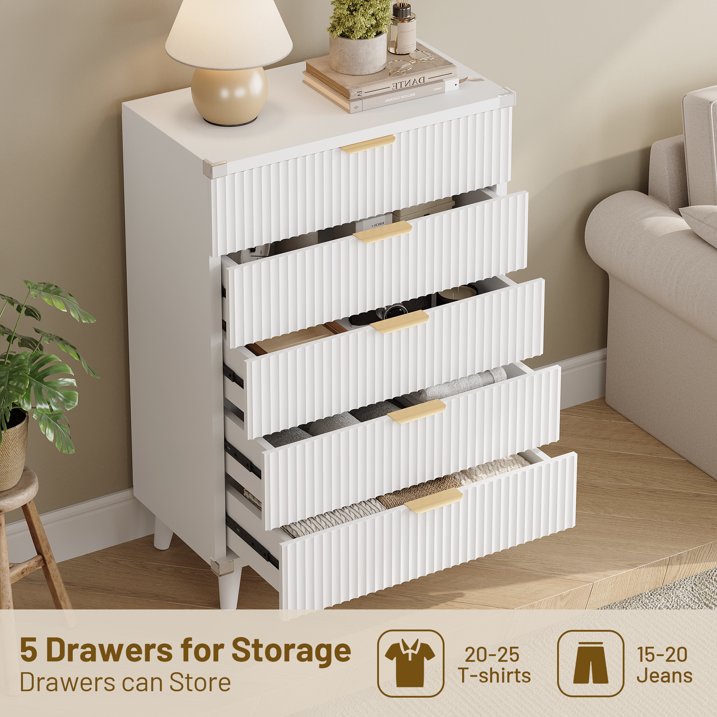 Aufeile 39.4" Tall Dresser for Bedroom, 5 Drawer Fluted Wood Dresser, Modern Chest of Drawers with Wave Panel, Slim Storage Cabinet for Small Spaces, White
