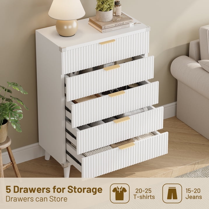 Aufeile 4 Piece Boho Dresser Set for Bedroom, 6 Drawer Dresser, 5 Drawer Tall Dresser & 2 Nightstands with & USB Charging, Fluted Wood Bedroom Furniture Set, White