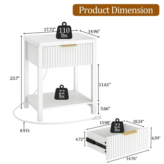 Aufeile Fluted Nightstand with Charging Station, Modern Bedside Table with Drawer & Open Shelf, End Table with 2 AC Outlets, USB & Type-C Ports for Bedroom or Living Room, White
