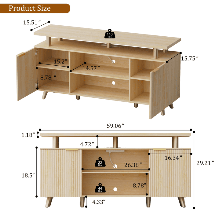 Aufeile Fluted TV Stand for TVs up to 65 Inch with Charging Station & LED Lights, 59" Modern Entertainment Center with Storage Cabinets, Wood TV Console for Living Room