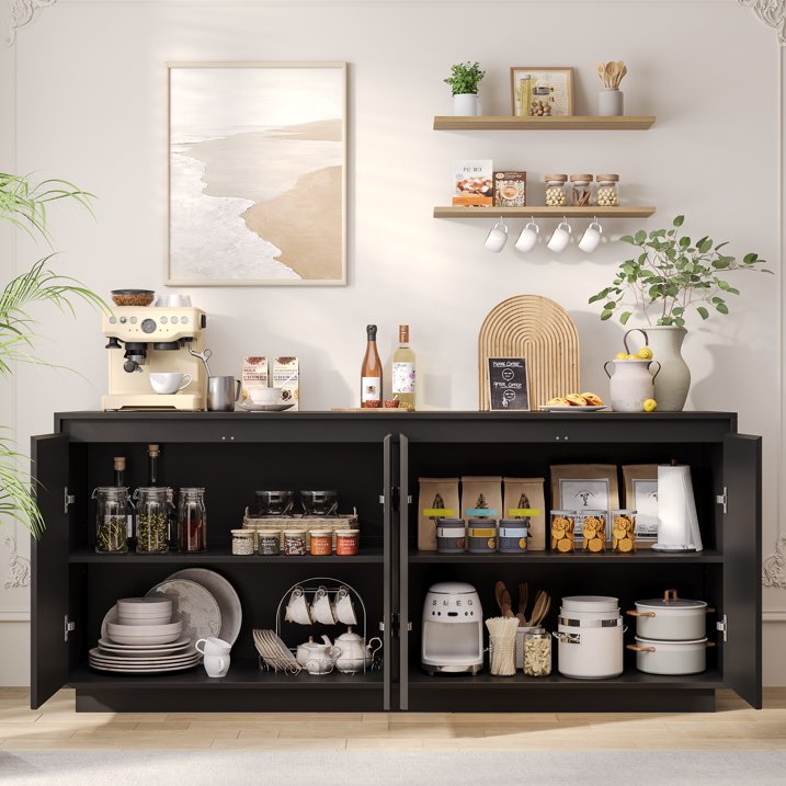 Aufeile 62" Long Sideboard Buffet Cabinet, Fluted Storage Cabinet with Adjustable Shelves for Kitchen Dining Living Room, Black