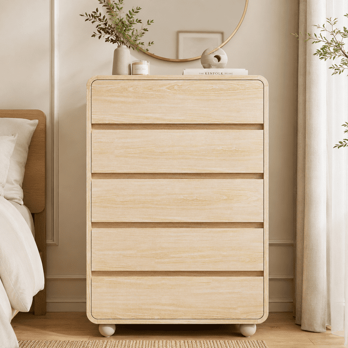 Aufeile 5 Drawer Wood Dresser Set of 2, 41" Tall Vertical Chest of Drawers with Curved Design, Modern Storage Cabinets for Bedroom, Living Room & Entryway, Natural