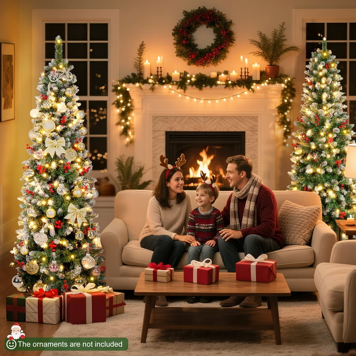 Aufelie 6FT Pre-lit Pencil Christmas Tree, Artificial Green Xmas Trees with 600 Hinged Branch & 200 LED Lights, Slim Christmas Tree with 40 Pine Cones & 280 Red Berries for Holiday Decoration