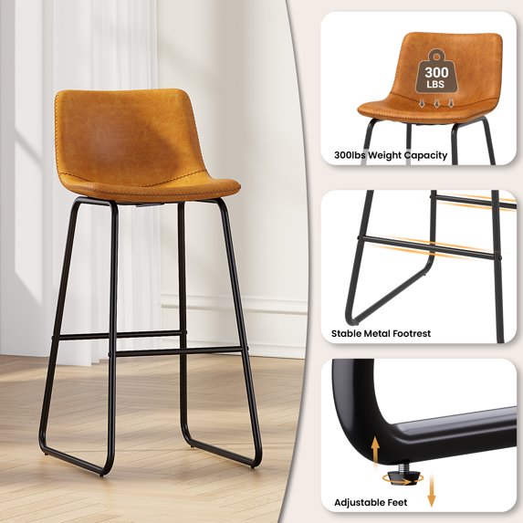 Aufeile 30" Counter Height Bar Stools Set of 3 – Modern Faux Leather Barstools with Back & Metal Legs, Kitchen Bar Chairs for Island, Dining Room, Whiskey Brown