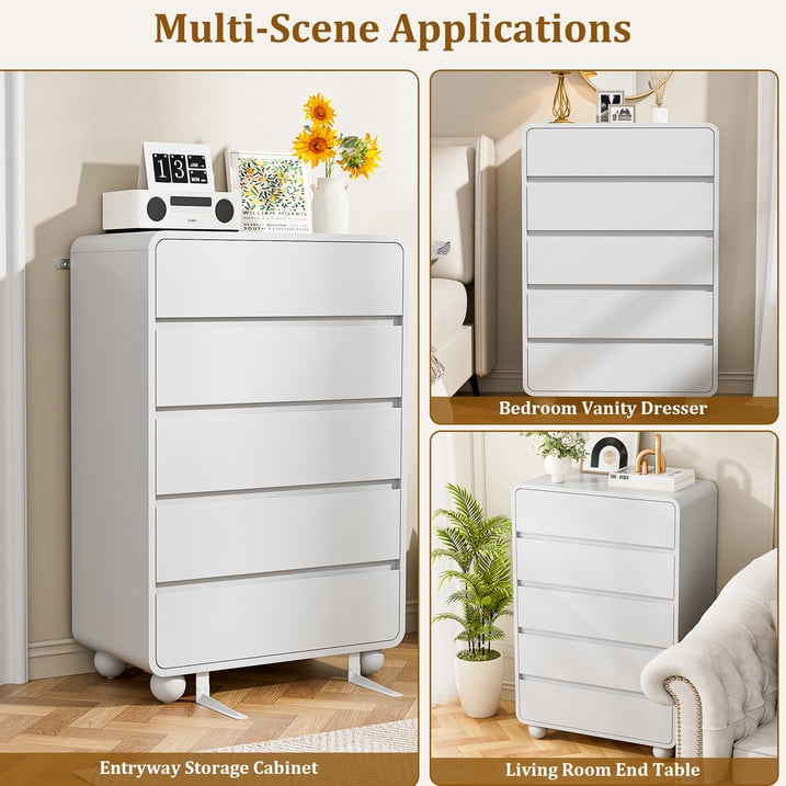 Aufeile 41" Tall Dresser for Bedroom, 5 Drawer Modern Wood Dresser with Curved Profile, Chest of Drawers for Bedroom, Vertical Storage Cabinet for Living Room, Entryway, White