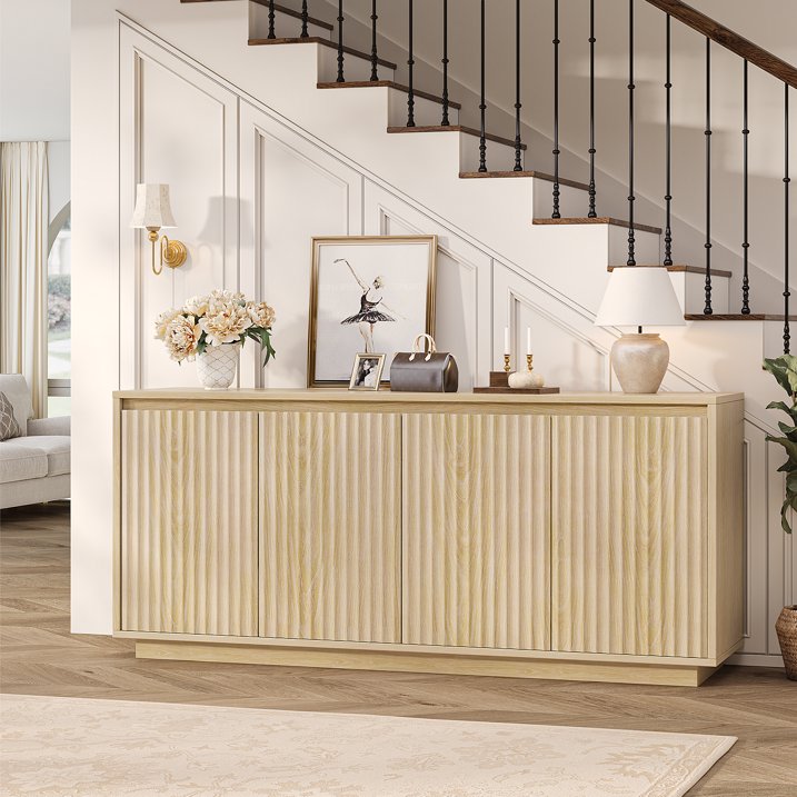 Aufeile 62" Long Sideboard Buffet Cabinet, Fluted Storage Cabinet with Adjustable Shelves for Kitchen Dining Living Room, Natural