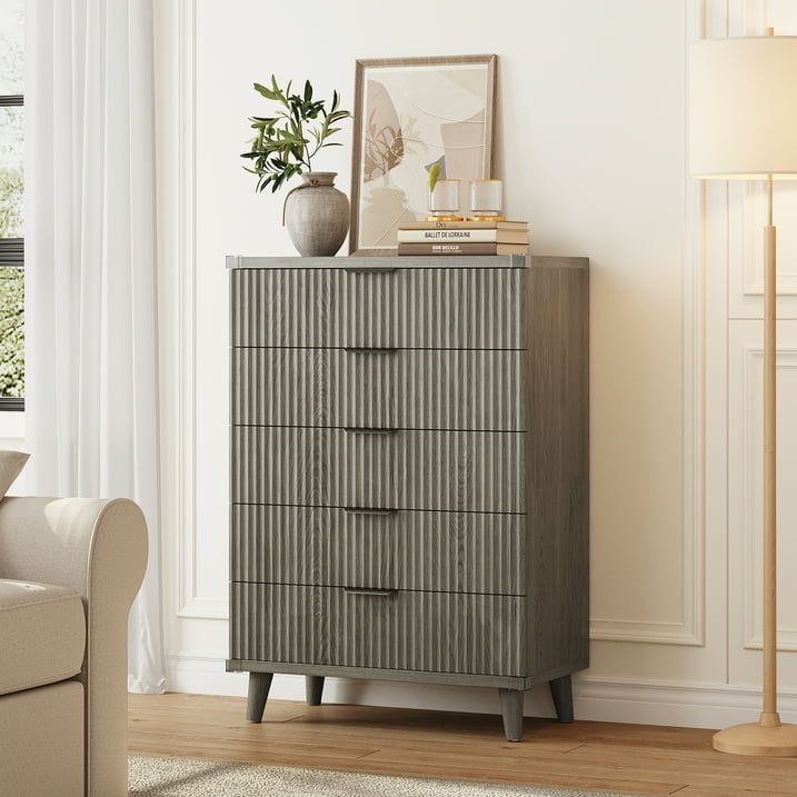 Aufeile 5 Drawer Tall Dresser for Bedroom, Fluted Chest of Drawers with Wave Panel Design & Metal Handles, Slim Wood Storage Dresser for Closet for Apartment & Small Spaces, Dark Grey Oak