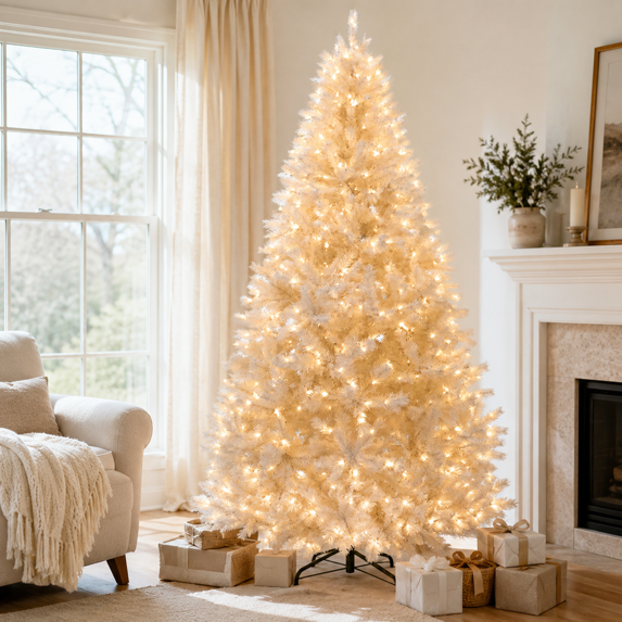 Aufelie 6FT White Christmas Tree, Artificial Christmas Tree with 250 Warm White LED Lights, 800 Branch Tips Pre-Lit Flocked Christmas Tree with Auto-Open Design & Folding Metal Stand