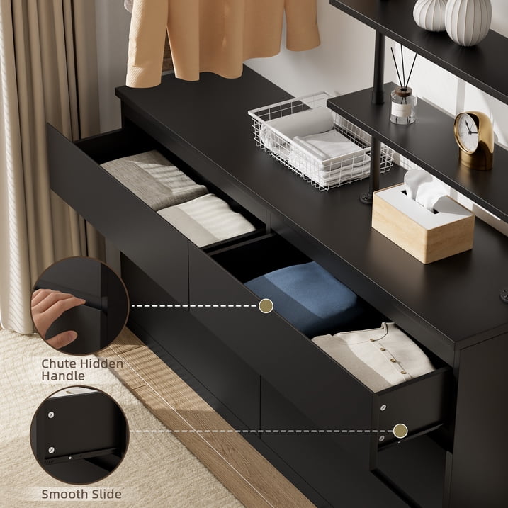 Aufeile 6 Drawer Dresser for Bedroom, 77" Tall Chest of Drawers with Hanging Rack, Industrial Wood Bedroom Dresser, Large Drawer Dresser Closet Organizer for Adults, Black