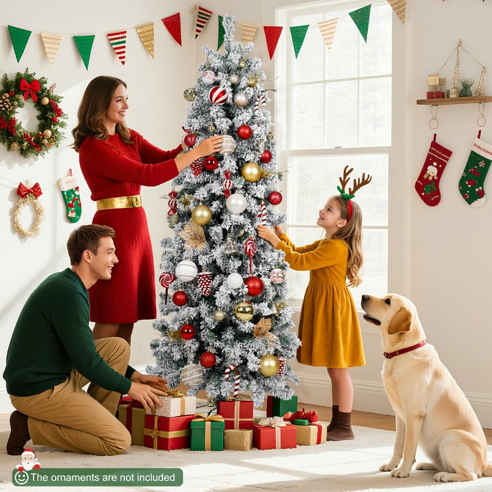 Aufelie 6FT Snow Flocked Christmas Tree, Artificial Pencil Christmas Tree with 502 Hinged Branch, Pre-lit Christmas Tree with 250 Multicolor LED Lights & 8 Modes Lights