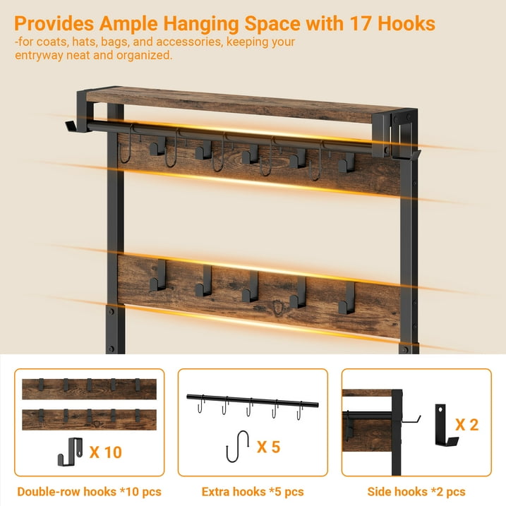 Aufeile Hall Tree with Bench, 6-in-1 Entryway Storage Organizer with Shoe Rack, 17 Hooks, 2 Drawers, Hanging Rod & Top Shelf, Industrial Coat Rack for Hallway, Living Room, Brown