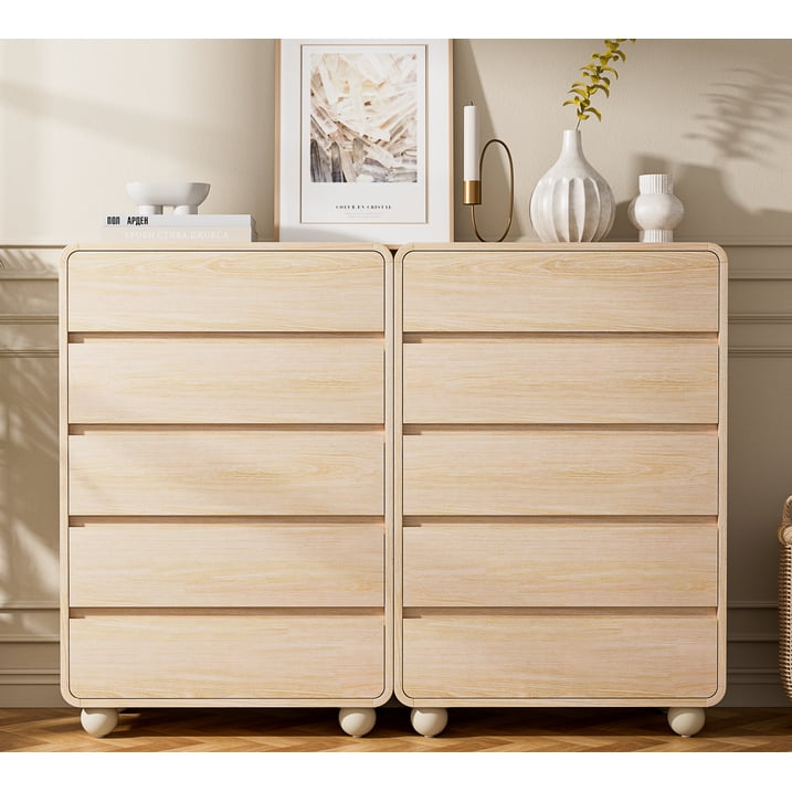 Aufeile 41" Tall Dresser for Bedroom, 5 Drawer Wood Dresser with Curved Profile, Modern Vertical Chest of Drawers, Slim Storage Dresser for Bedroom, Living Room & Entryway, Natural