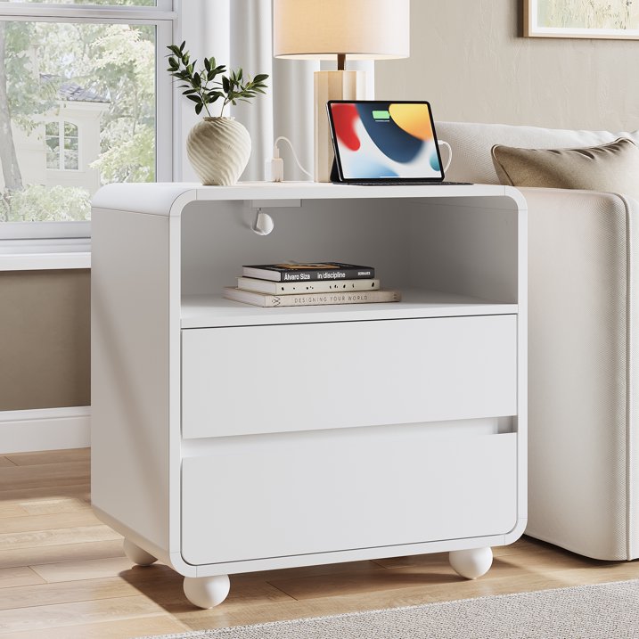 Aufeile End Table with Charging Station, 23.6" Wood Side Table with 2 Drawers & Open Shelf, Modern Accent Table for Living Room, Bedroom or Bedside, White