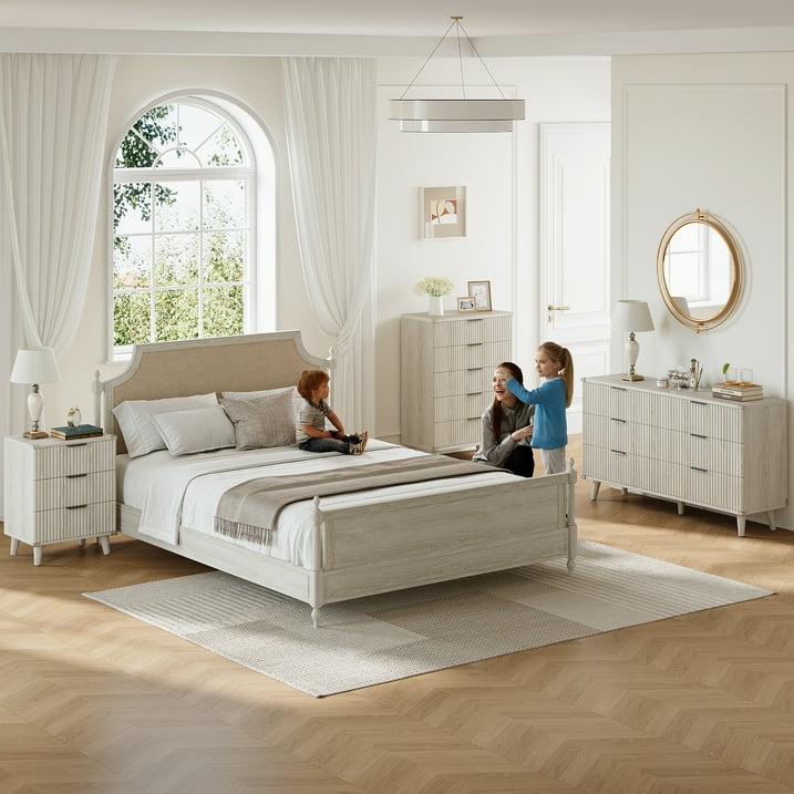 Aufeile 4 Piece Boho Dresser Set for Bedroom, 6 Drawer Dresser, 5 Drawer Tall Dresser & 2 Nightstands with 3 Drawers & USB Charging, Fluted Wood Bedroom Furniture Set, White Oak