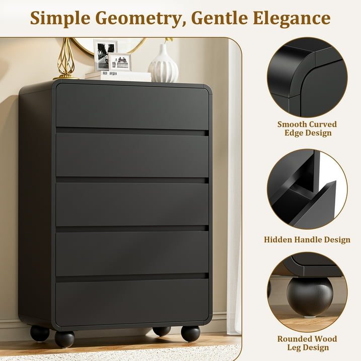 Aufeile 41" Tall Dresser for Bedroom, 5 Drawer Modern Wood Dresser with Curved Profile, Chest of Drawers for Bedroom, Vertical Storage Cabinet for Living Room, Entryway, Black