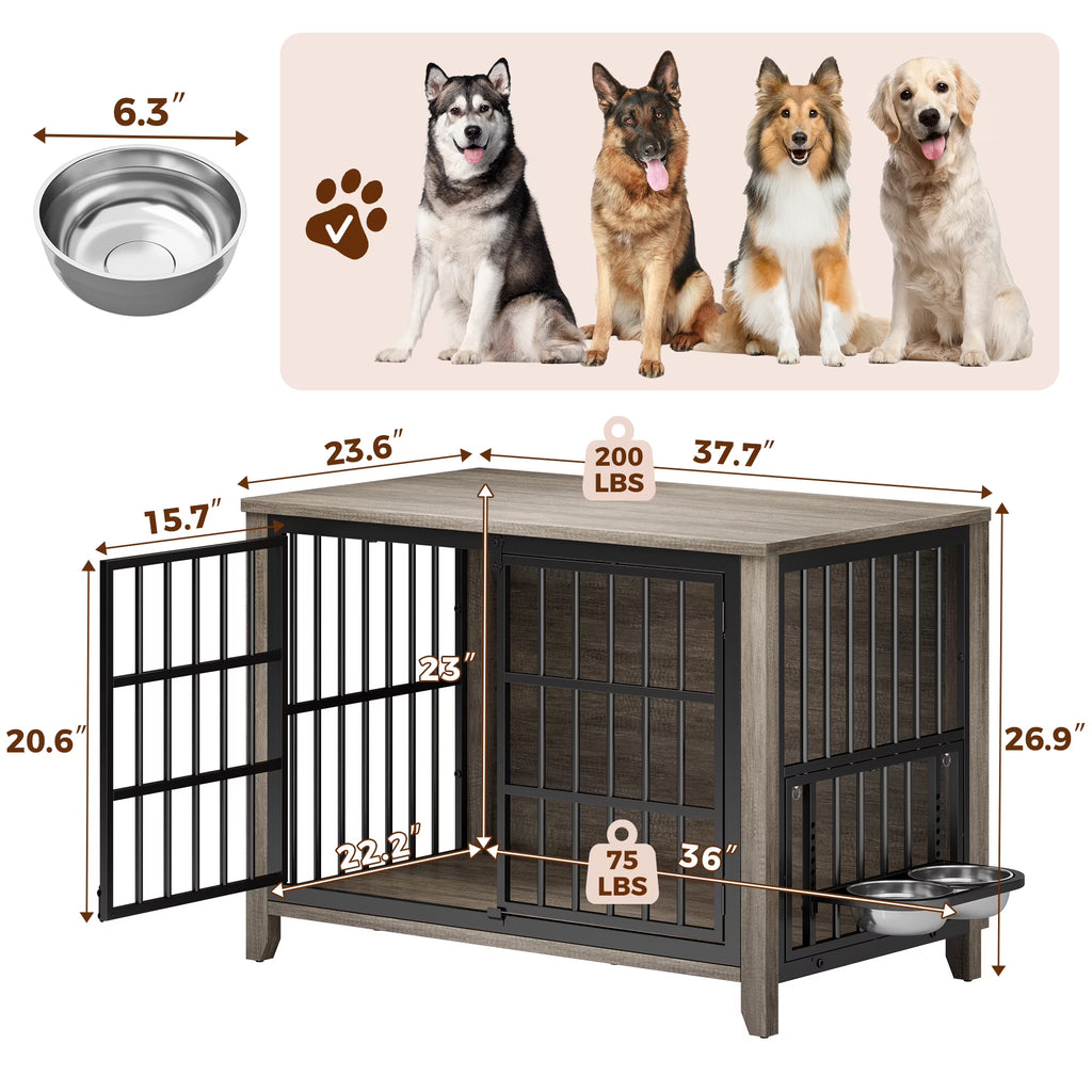 Aufeile Dog Crate with 2 Adjustable Dog Bowls