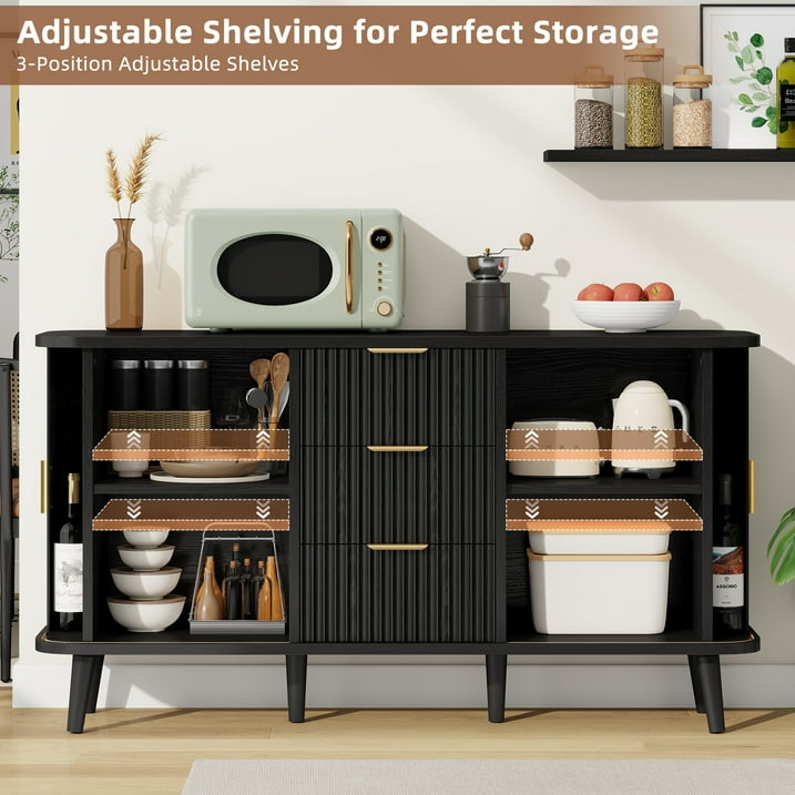 Aufeile Sideboard and Buffet, 55" Storage Cabinet with 3 Drawers and Adjustable Shelves, Modern Accent Cabinet for Kitchen, Dining Living Room, Entryway, Hallway, Black