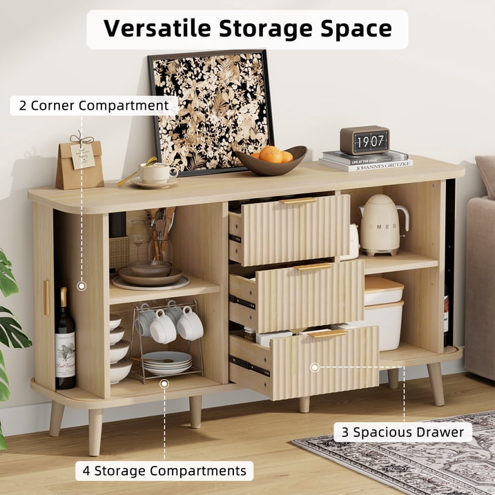 Aufeile Sideboard Buffet Cabinet, 55" Storage Cabinet with 3 Drawers and Adjustable Shelves, Modern Accent Cabinet for Kitchen, Dining Living Room, Entryway, Hallway, Natural Oak