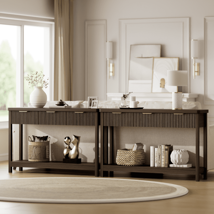 Aufeile 51" Entryway Table, Fluted Console Table with 3 Storage Drawers and Open Shelf, Narrow Sofa Couch Table for Living Room Hallway Entrance Foyer, Walnut
