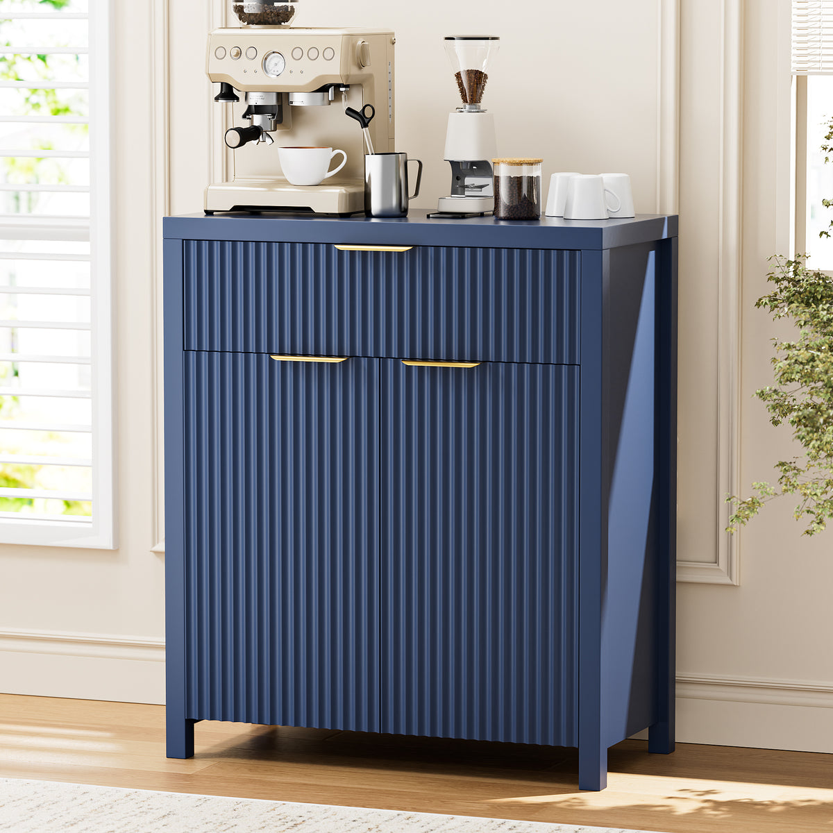 Aufeile Set of 3 Sideboard Buffet Cabinet with Storage, Modern Modular Fluted Accent Cabinet with 3 Drawers & Adjustable Shelves for Dining Room Living Room, Blue