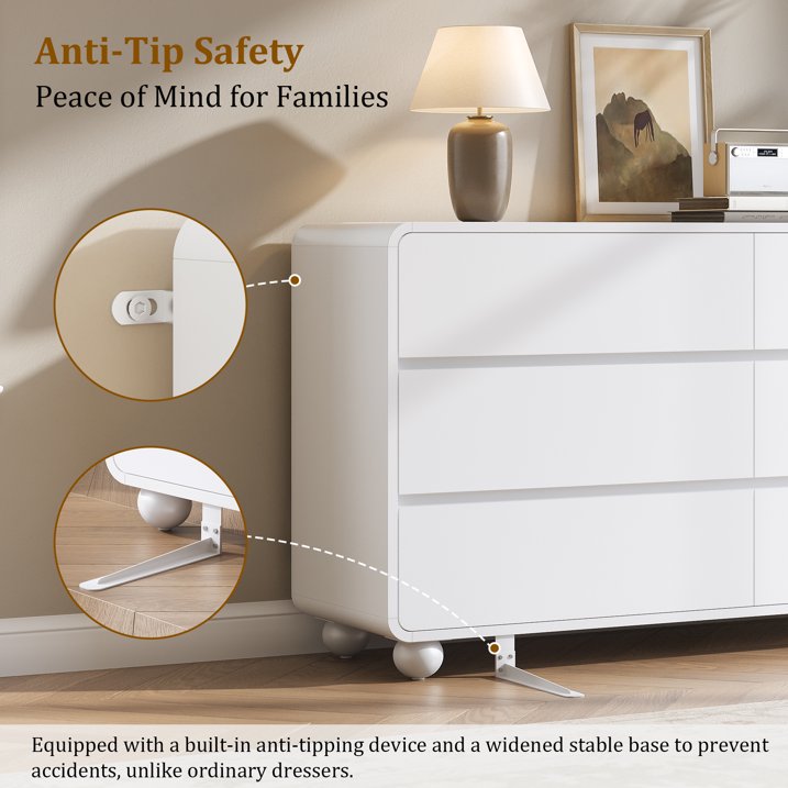 Aufeile Dresser for Bedroom, 6 Drawer Dresser & Chest of Drawers, 53" Modern Chest of Drawers with Curved Profile Design, Wood Dresser Storage Organizer for Adults, White
