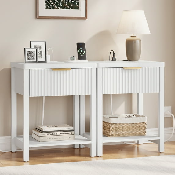 Aufeile Fluted Nightstand with Charging Station, Modern Bedside Table with Drawer & Open Shelf, End Table with 2 AC Outlets, USB & Type-C Ports for Bedroom or Living Room, White
