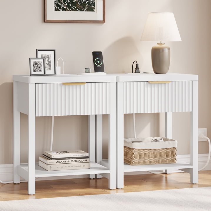Aufeile 4 Piece Boho Dresser Set for Bedroom, 6 Drawer Dresser, 5 Drawer Tall Dresser & 2 Nightstands with & USB Charging, Fluted Wood Bedroom Furniture Set, White