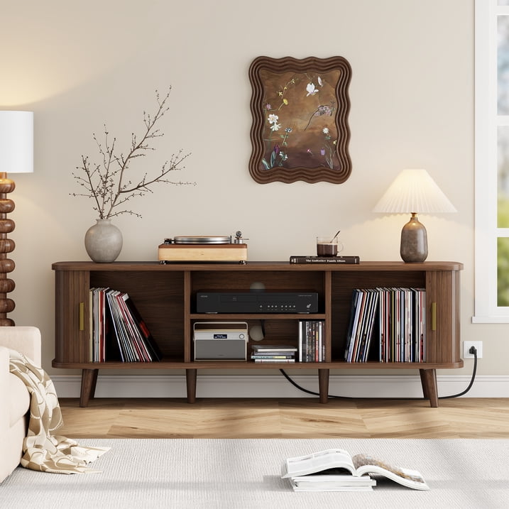 Aufeile TV Stand for 65 Inch TV, 59" Modern TV Stand with Power Outlet, Entertainment Center for Living Room, Fluted TV Console & Mueble Para TV with 2 Sliding Tambour Doors, Walnut