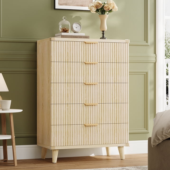 Aufeile 39.4" Tall Dresser for Bedroom, Fluted Wood Dresser with 5 Drawer, Modern Chest of Drawers for Bedroom with Wave Panel, Slim Storage Dresser for Small Spaces, Natural