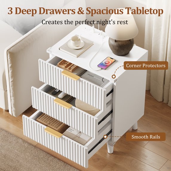 Aufeile Fluted Nightstand for Bedroom with Charging Station, Modern Bedside Table with 3 Drawers, Wood Sofa Side End Table for Bedroom, Living Room, White