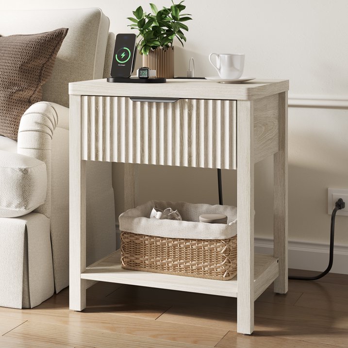 Aufeile Nightstand for Bedroom Set of 2 with Charging Station, Modern Side Table with Drawer & Open Shelf, Fluted End Table with 2 AC Outlets, USB & Type-C, White Oak
