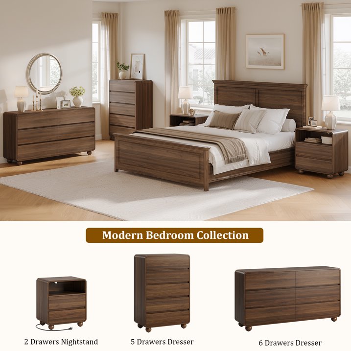 Aufeile 4 Piece Curved Dresser and Nightstand Set for Bedroom, 6 Drawer Dresser, Tall 5 Drawer Chest & 2 Nightstands with Charging Station, Modern Curved Profile Bedroom Furniture Set, Walnut