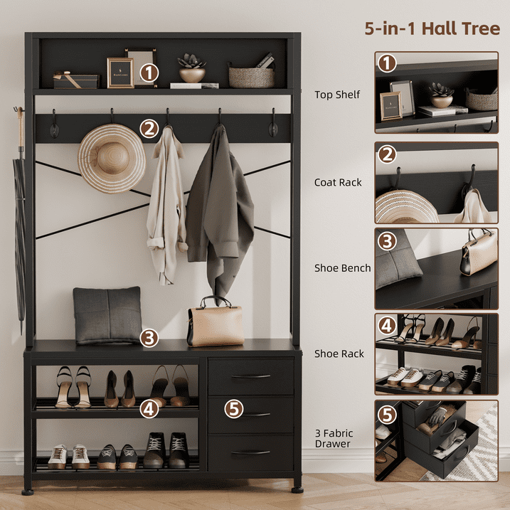 Aufeile Hall Tree with Bench, 5-in-1 Entryway Storage Organizer with Shoe Rack, 7 Hooks, 3 Drawers & Top Shelf, Industrial Coat Rack for Hallway, Living Room, Black